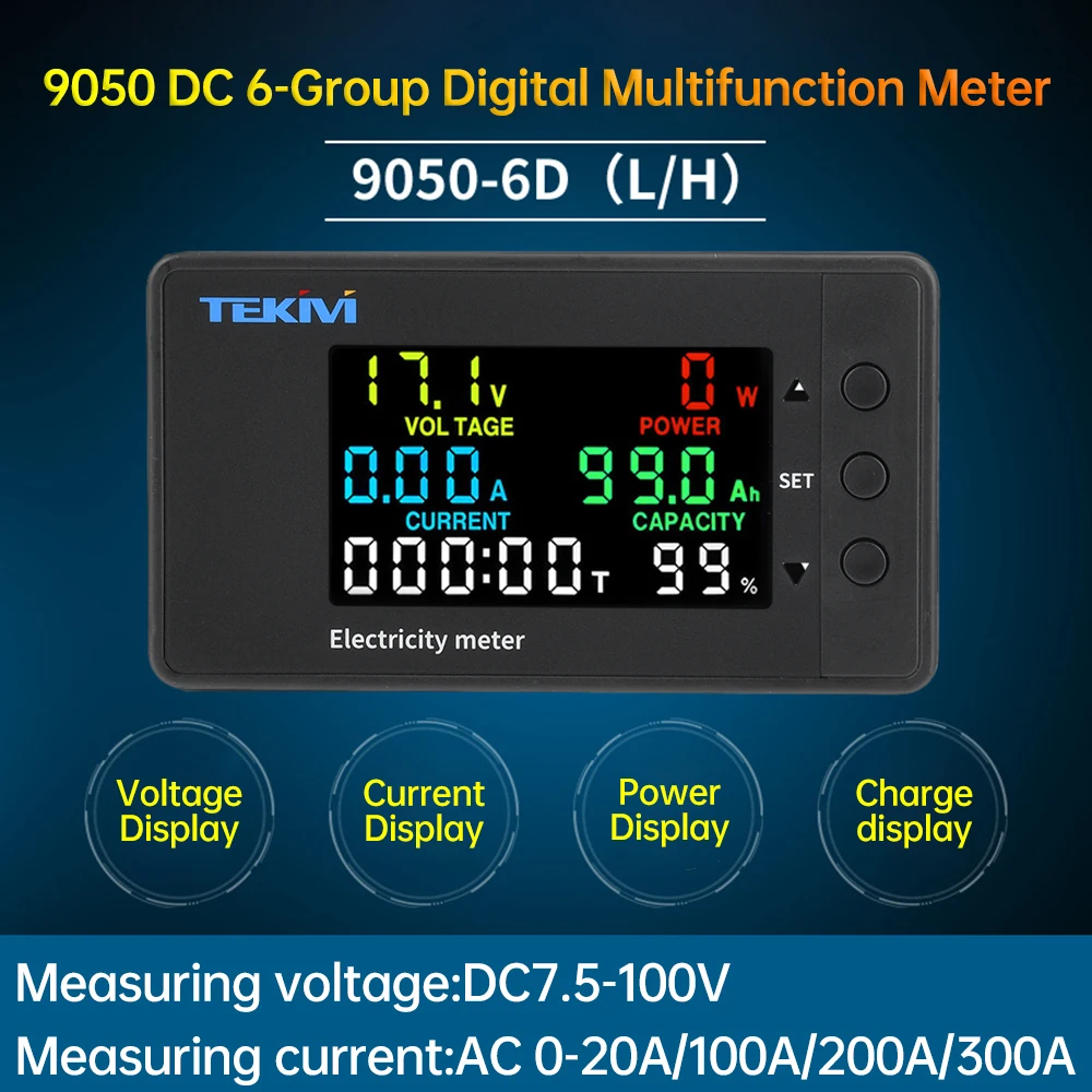 6 in 1 Wattmeter Power Meter Voltmeter DC7.5-100V Voltage Current Power Analyzer LED Digital Electricity Meter 0-20/100/200/300A