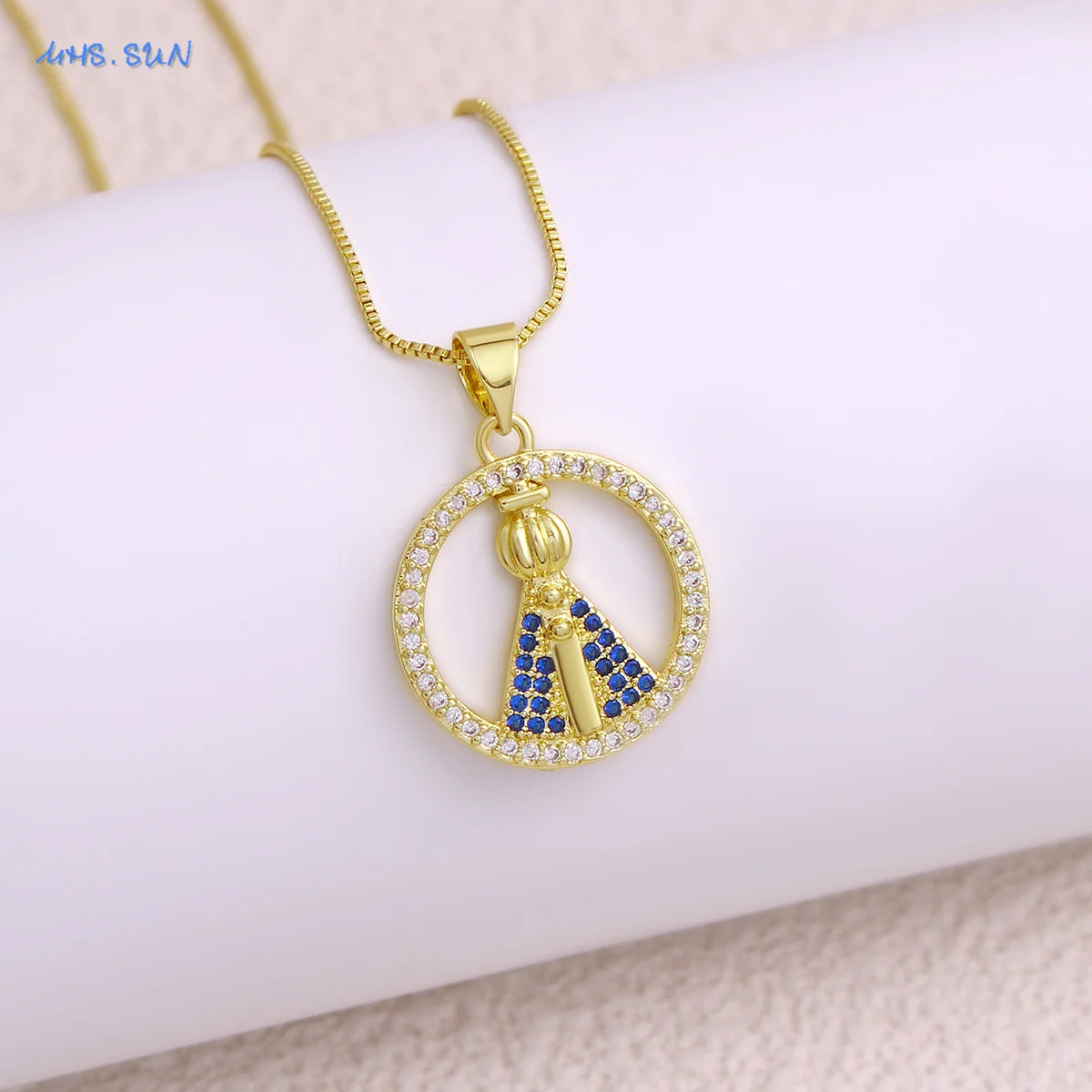 SUNSLL Gold Plated Round Hollow Lujan Virgin Mary Pendant Necklaces Cubic Zircon For Women Men Religious Chain Jewelry Gifts