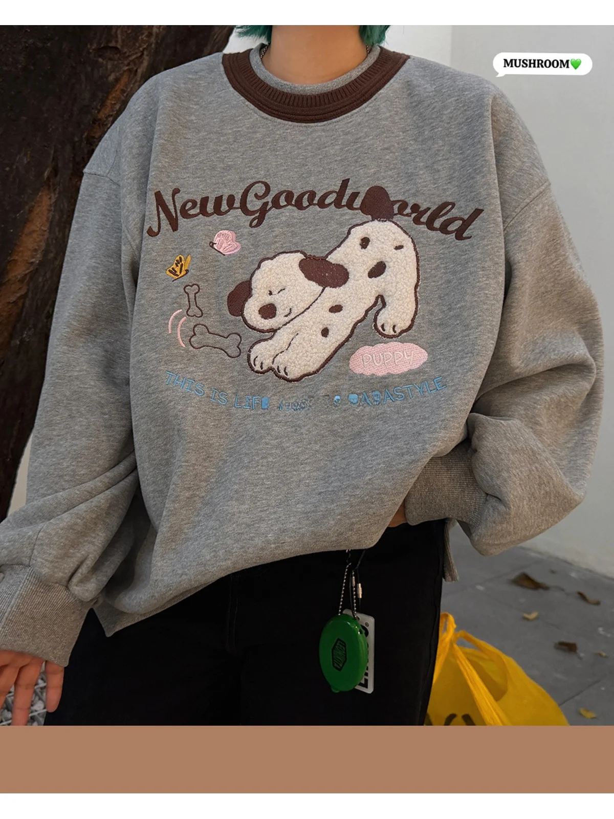 

Miss Mushroom Head 2026 Spring New Style Korean Retro Casual Fun Bone Little Dog Fleece Hoodie Women's Loose Fit Cotton Blend