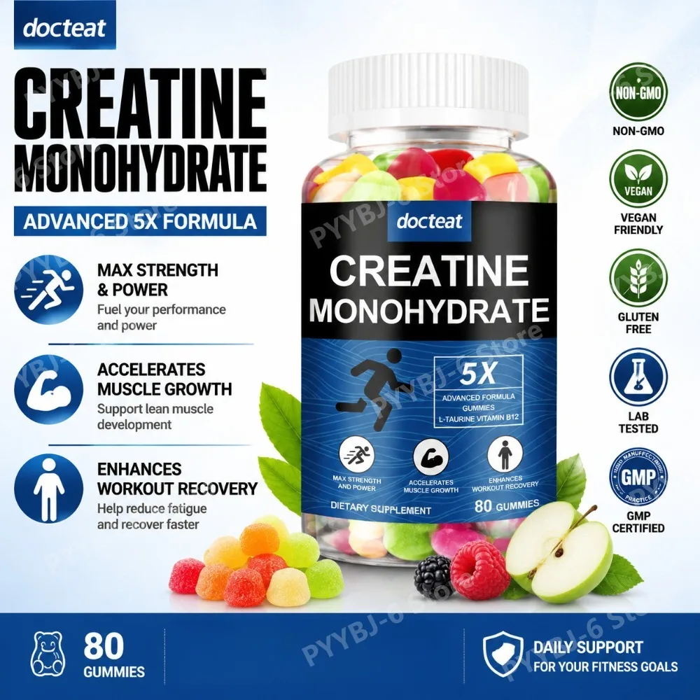 

Docteat Creatine Gummies 80 CT Chewable with L-Taurine, Betaine (Anhydrous), Vitamin B12, Supports Workout Recovery Daily.