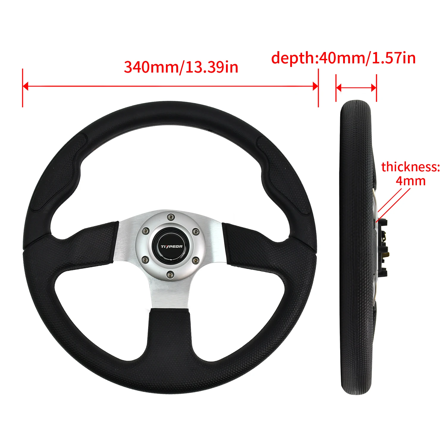 TIYPEOR Universal Racing Steering Wheel 340mm Disc-shaped Aluminum 3-hole Polished Spoke Racing Style