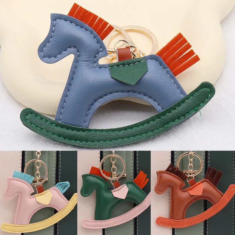 Trendy PU Leather Rocking Horse Keychain Cartoon Pony Animal Pendant Key Ring Charm Women Bag Decoration Accessories