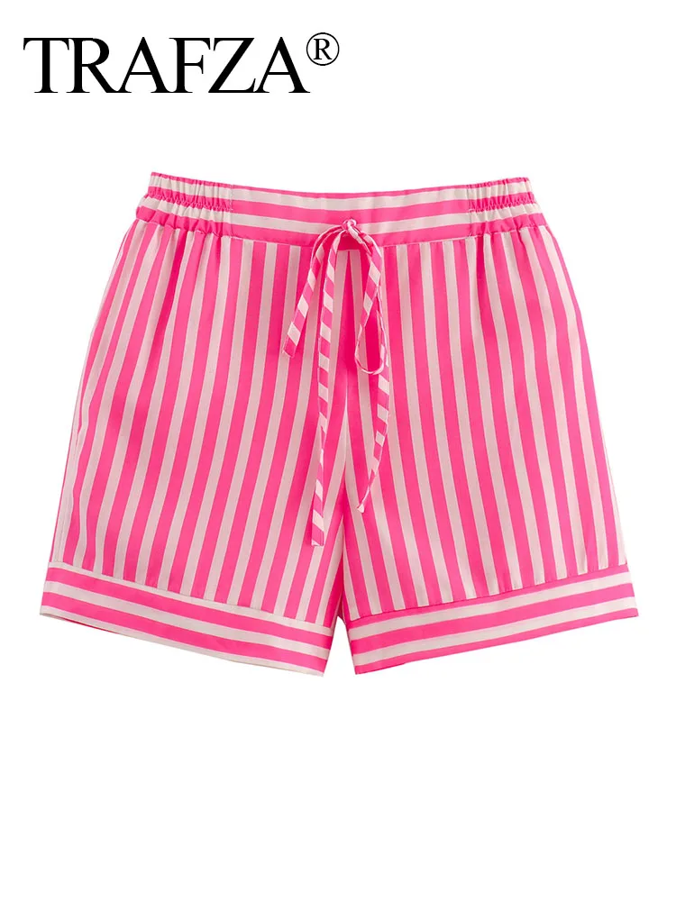 

TRAFZA Female Summer Fashion Elastic Waist Casual Shorts Women's Drawstring Bow Lace-up Pockets Pink Striped Mini Shorts Mujer