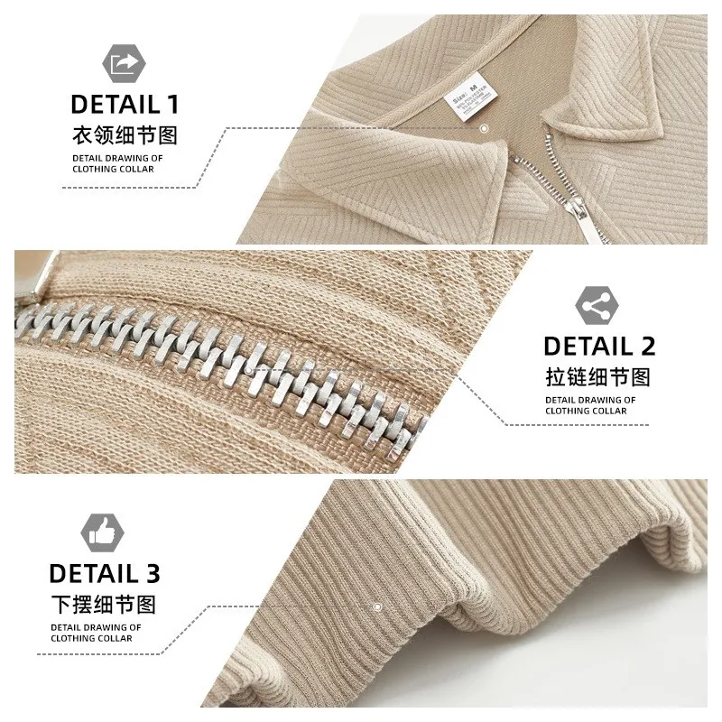 Zipper Long Sleeve Set Loose Fit Light Mature Casual with Turn Down Collar Pullover Jacquard Regular Thickness T Shirt for Men