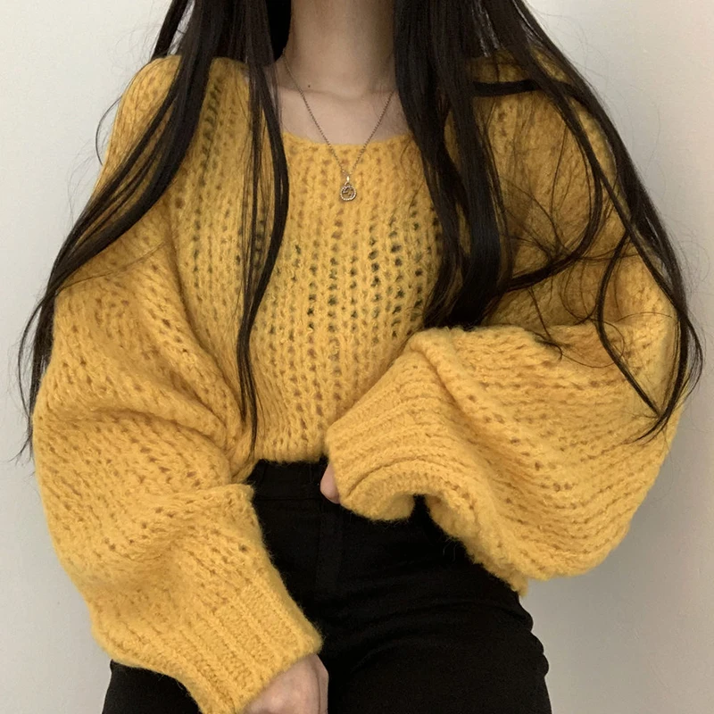 ITOOLIN Autumn Women Hollow Out Solid Sweater Lantern Sleeve O-Neck Knitted Pullovers For Women Winter Casual Loose Sweater 2023