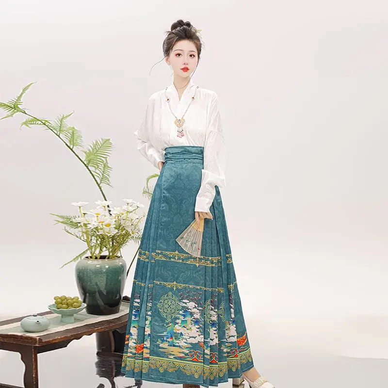 Hanfu tradisional Cina Set Wanita rok wajah kuda Set harian tambal sulam cetak musim dingin musim semi Cosplay gaun Cina