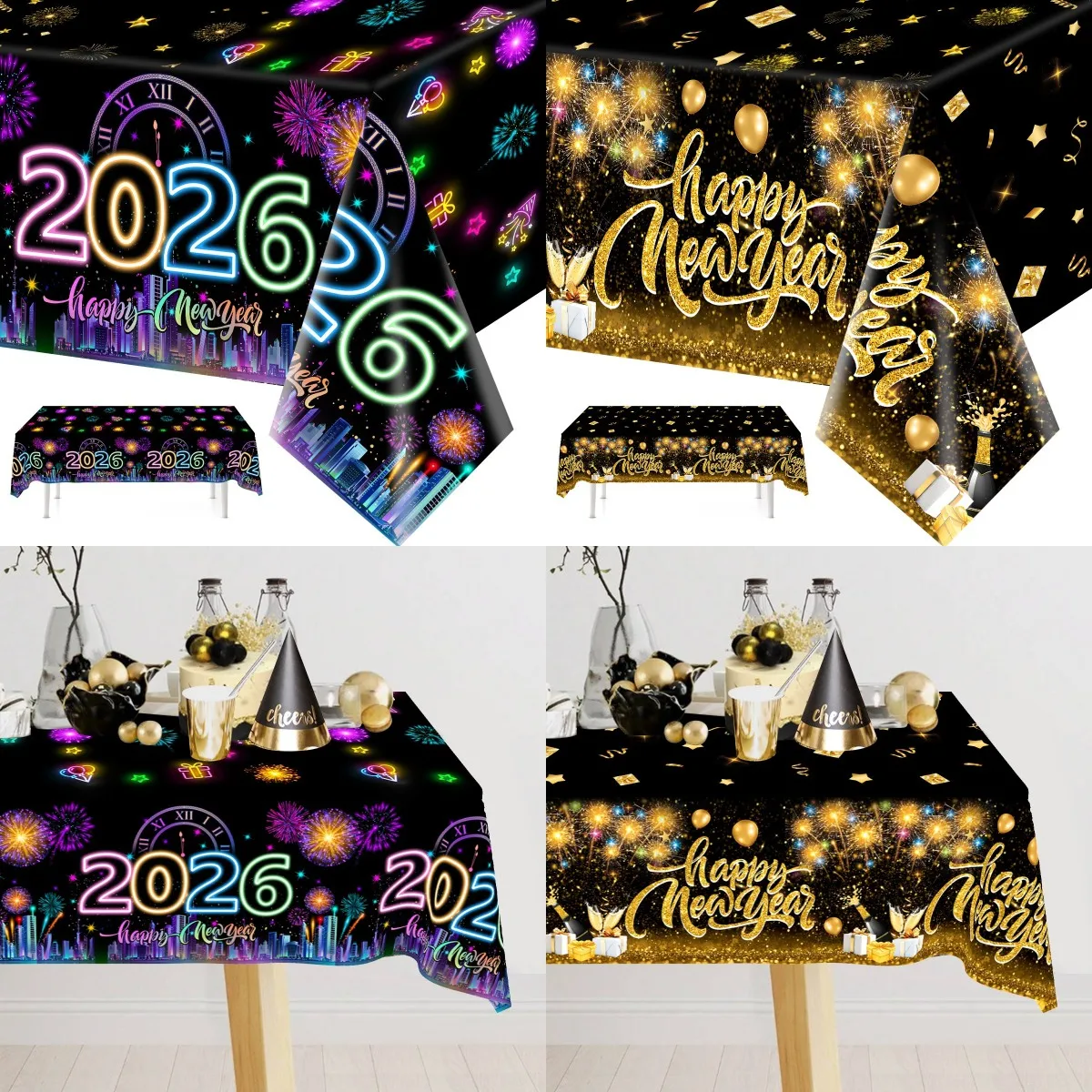 2026 Happy New Year Plastic Tablecloth Fireworks Table Cover New Year Decorations For Home 2024 Dining Kitchen Room Table Decor