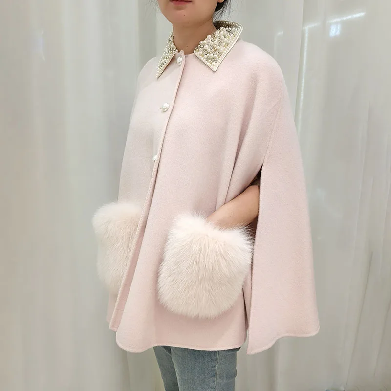 2025 Winter Women Loose Wool Blended  Poncho With Real Fox Fur Trim Female Long Luxury Fashion Genuine Fur Trim Wool Coat