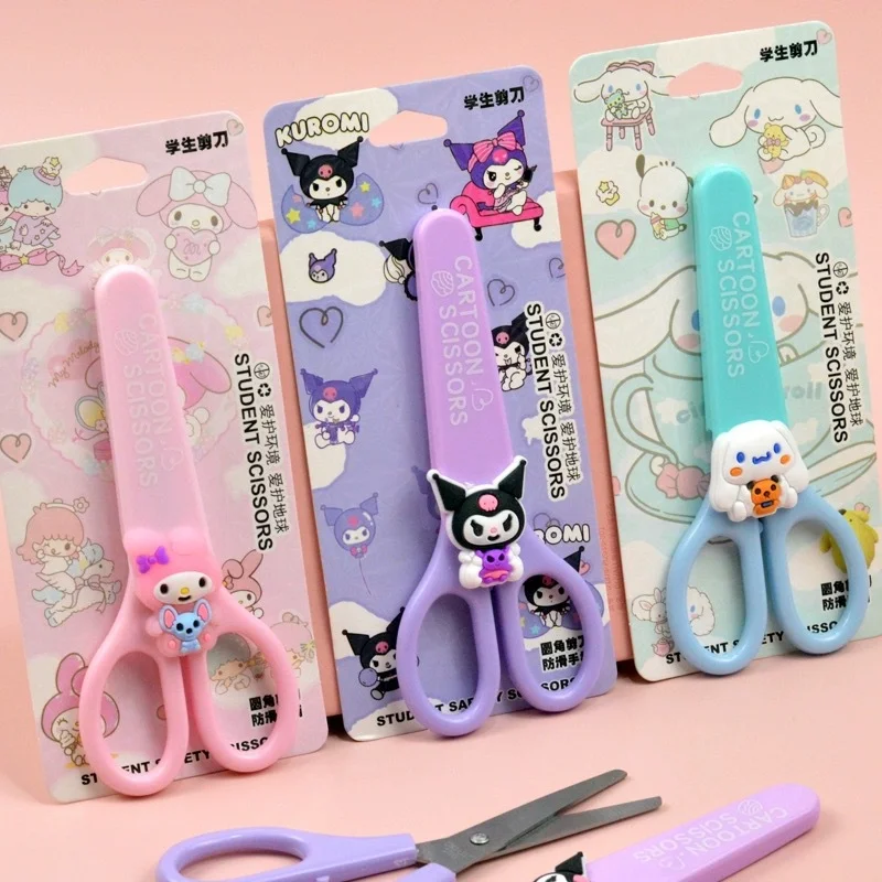 1PCS Sanrio Kuromi Cinnamoroll Melody Hand Made Scissors Kawaii Children Safety Round Headed Kid Stationery School Supplies Gift