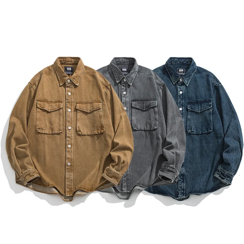 

Retro Japanese Sle Men's Long Sve Denim irt Waed Multi ket Loose Fit Casual Workwear Classic ex Outfit