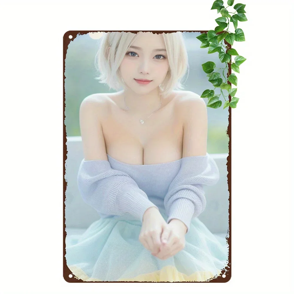Anime Girl Aluminum Metal Sign 8x12 Inch Retro Wall Art for Game Room Decor Shoulder Cut-Out