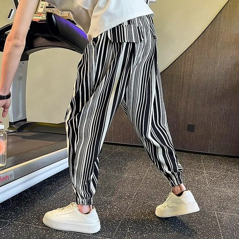 الصيف مخطط فضفاض الرجال عادية سراويلي حريمي خمر طويل Y2k الجمالية Harajuku موضة بيع الاتجاه Xxxl الذكور اقتصاص بنطلون #6