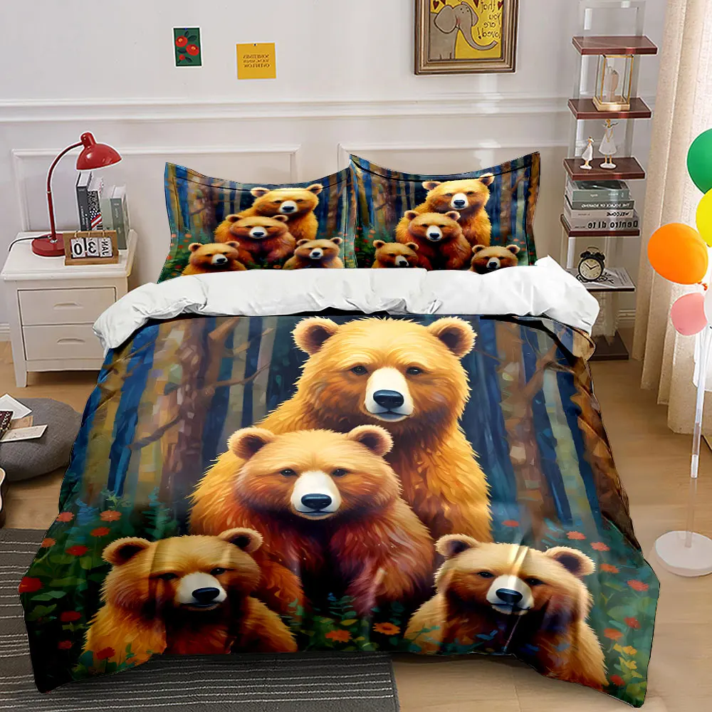 Brown bear family in forest Print Soft Comfortable Duvet Cover Bedding Set Included 1*Duvet Cover 2*Pillowcases Luxury gifts