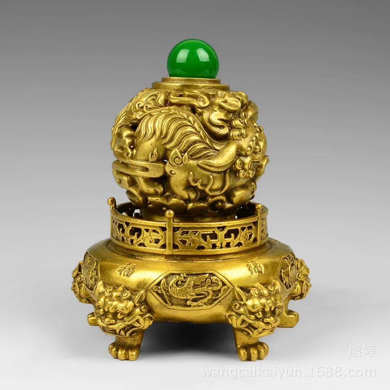 Bronze Nine-Turn Heaven and Earth Cauldron Ornament, Lion Cauldron Decoration, Double Lions Playing with Pearls, Home Decor Craf
