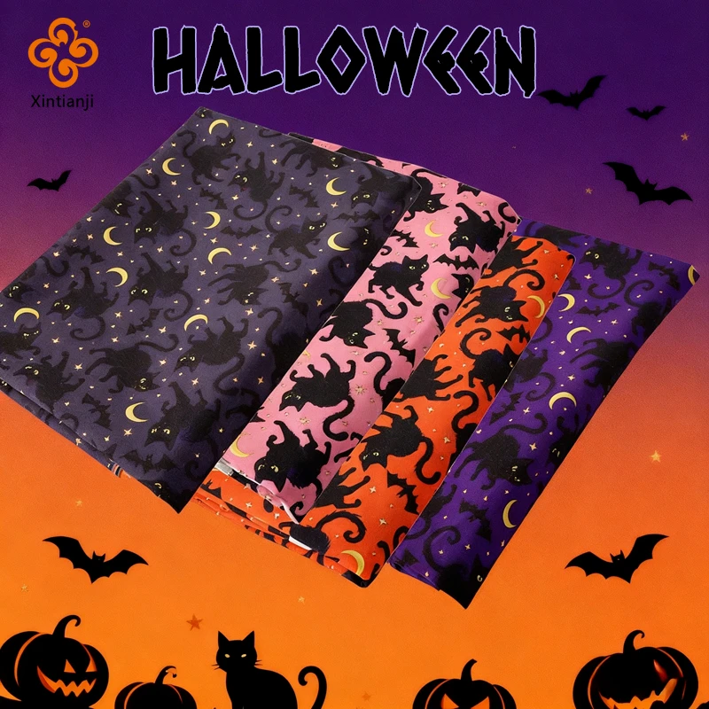 0.5/1/2m Halloween Bat Black Cat Print Fabric By Meter DIY Festive Tablecloth,Holiday Decor Trick or Treat,Patchwork Quilting