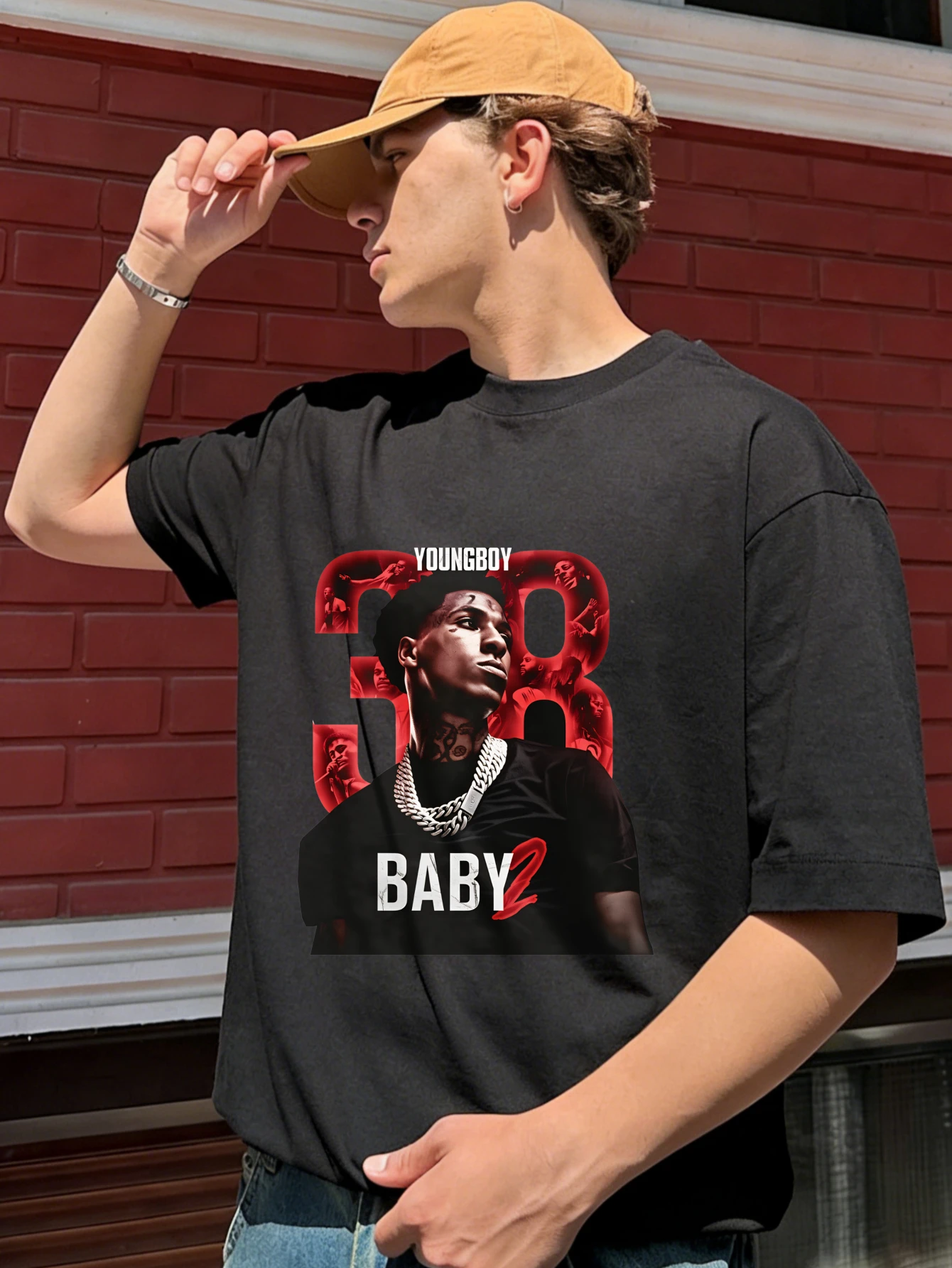 

Men's Oversized Cotton Printed Graphic T Shirt YoungBoy Baby Short Sleeve Summer Casual Streetwear Tee for Men