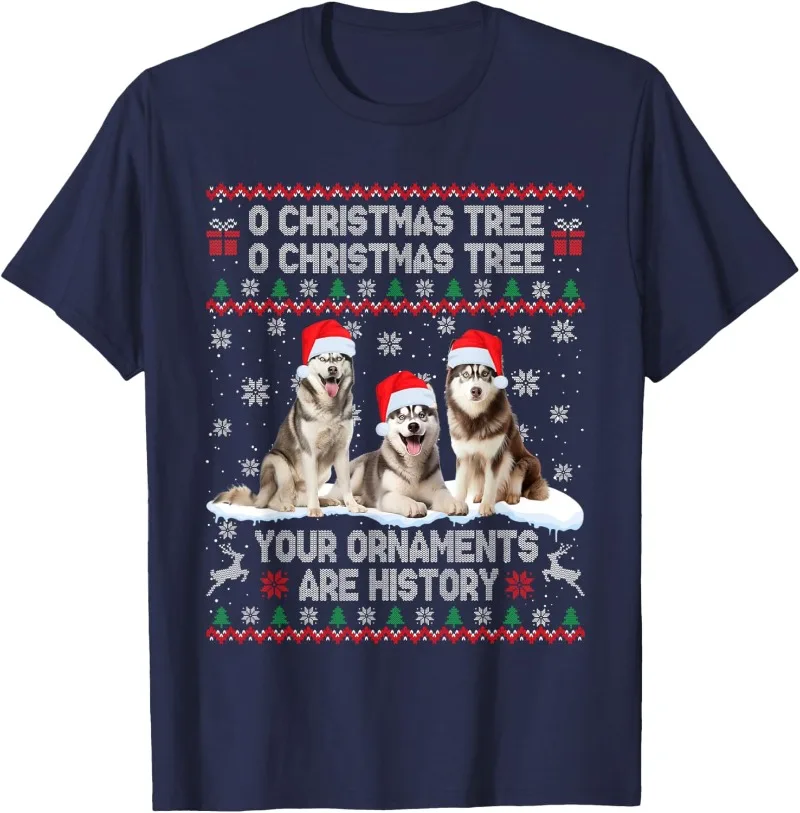 Siberian Husky Dog Shirts Ugly Sweater Christmas Light Xmas Pajama T-Shirt Funny Husky Shirt Cute Graphic Christmas T-shirt