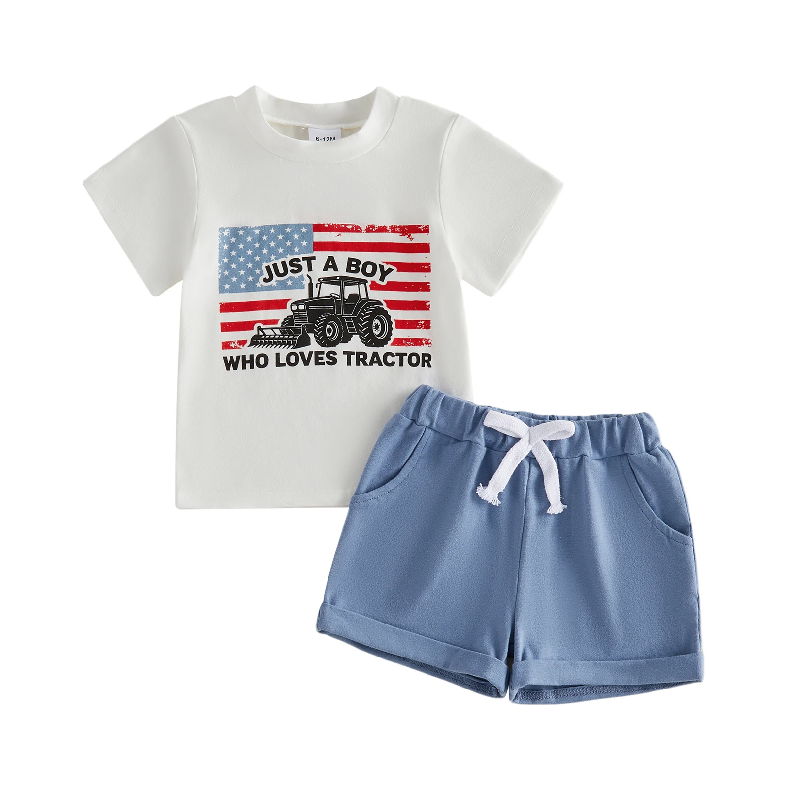 2026 Summer Toddler Boys Independence Day Set Tractor America Flag Print Short Sleeve Crew Neck T-Shirt and Solid Elastic Shorts