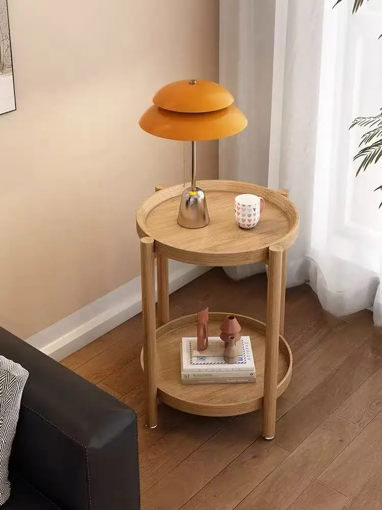 Scandinavian Style Round Side Table 2 Tier Bamboo Coffee Table with High Edge Tray