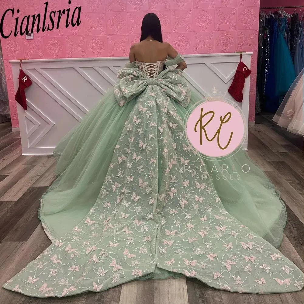 

Sage Green Beading Crystal 3D Butterfly Ball Gown Quinceanera Dresses Off The Shoulder Illusion Bow Corset Vestidos De 15 Años