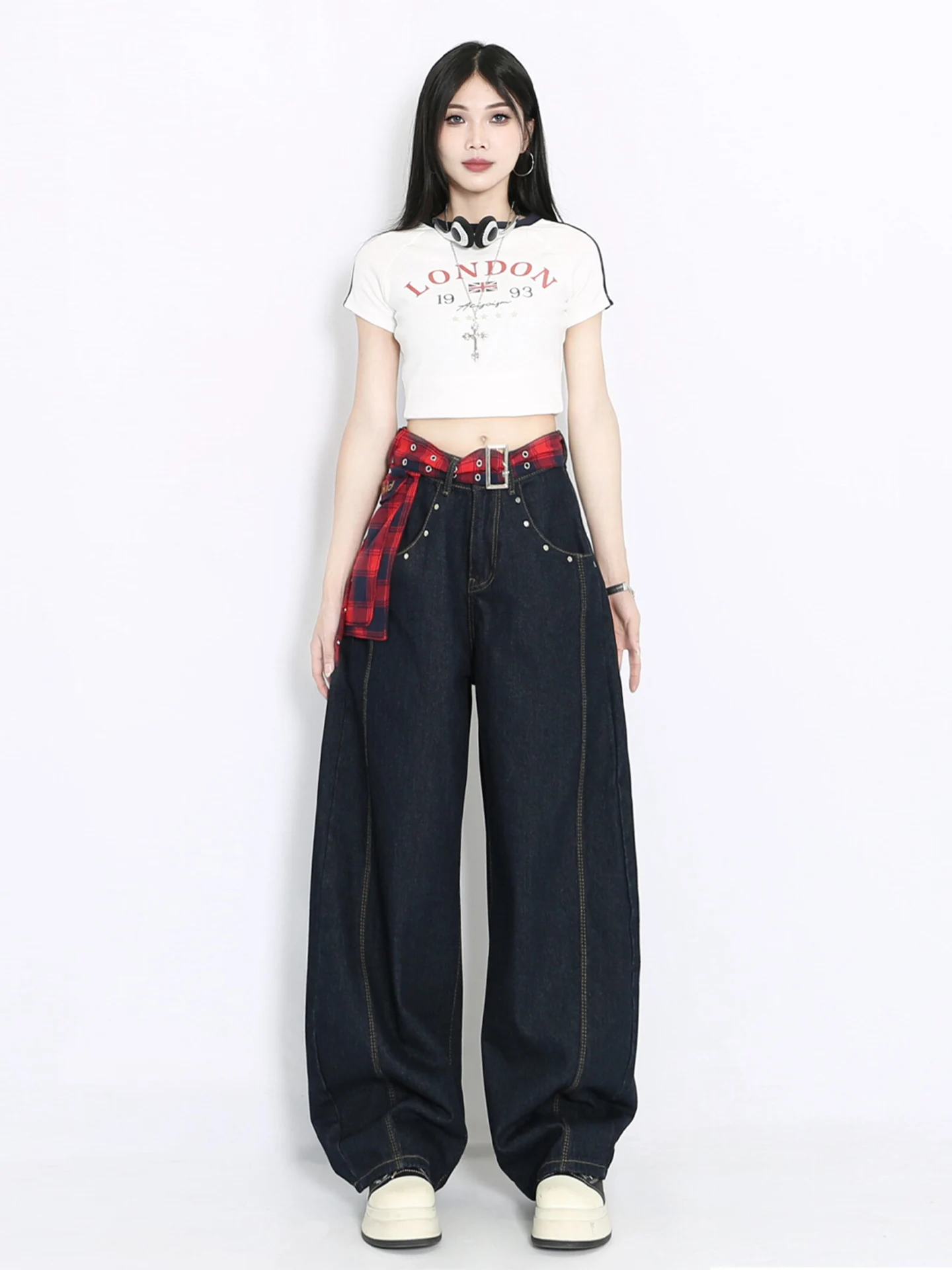 

Лето в американском стиле ретро, новый дизайн, клетчатая юбка, свободные широкие брюки, джинсы с высокой талией, женские повседневные износостойкие рваные брюки