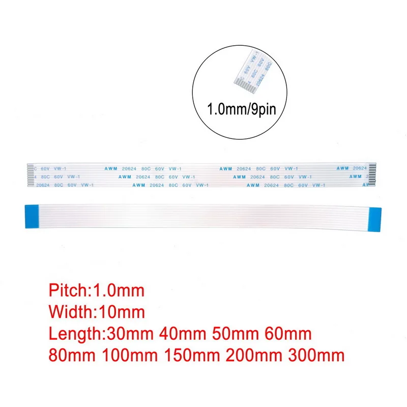 9Pin 1mm 1.0mm Pitch FFC FPC AWM 20624 80C 60V VW-1 A B Type Flat Flexible Cable 60/100/150/200/250/300/400mm connector