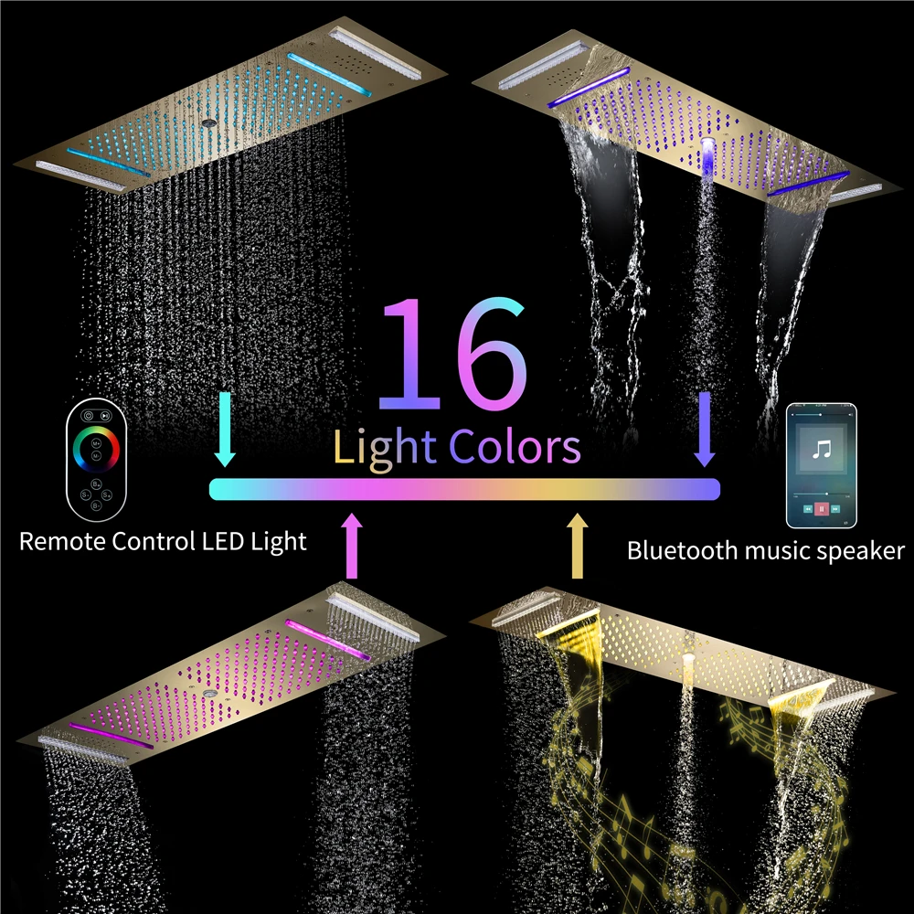 Wall Mount Polished Brass Thermostatic Shower Set With Ceramic Valve Core LED Music Shower Head Massage Jet Rain Spray Patterns