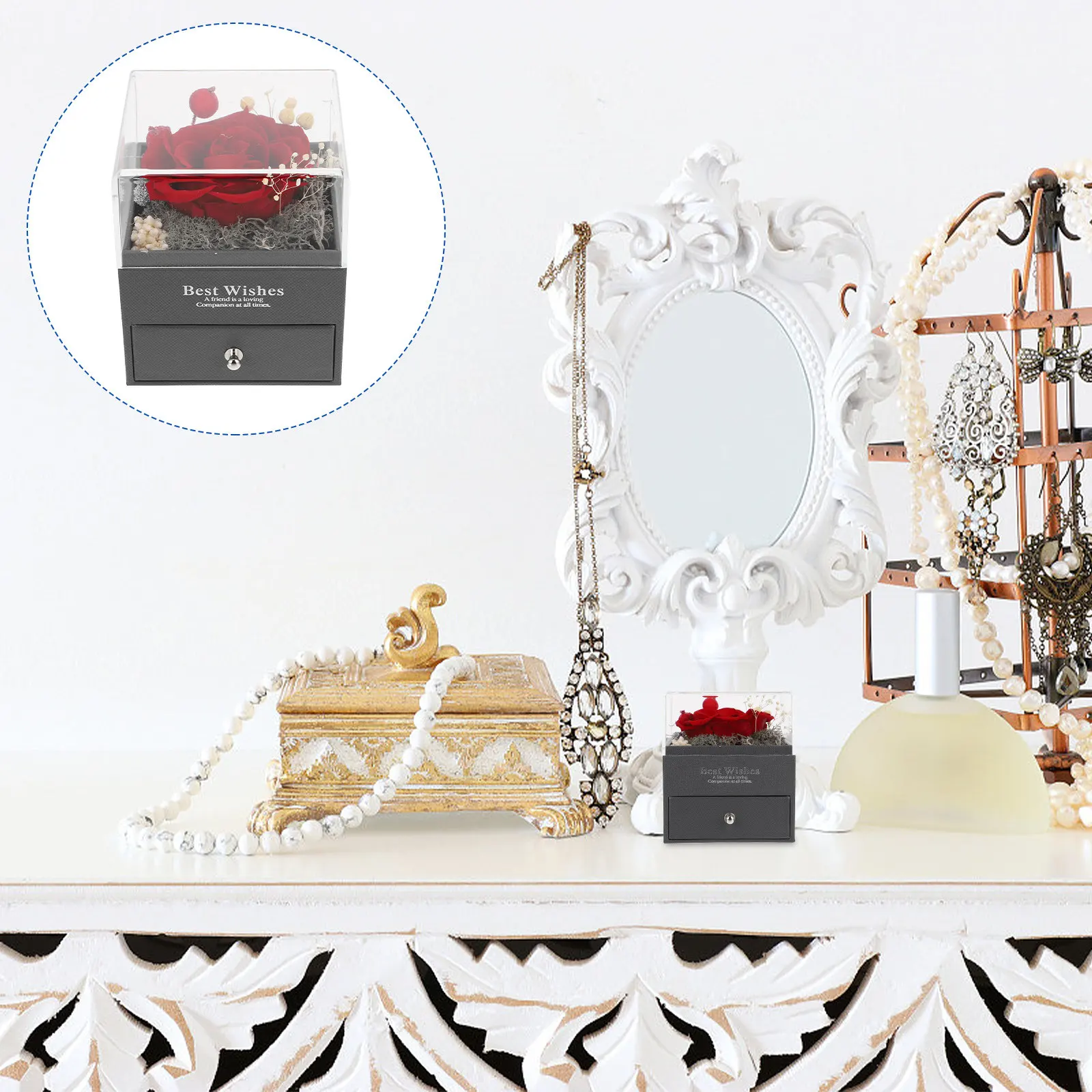 

Шкатулка для украшений с дизайном в виде сохраненных цветов, компактная, легкая, портативная, для хранения колец и ожерелий, на День святого Валентина