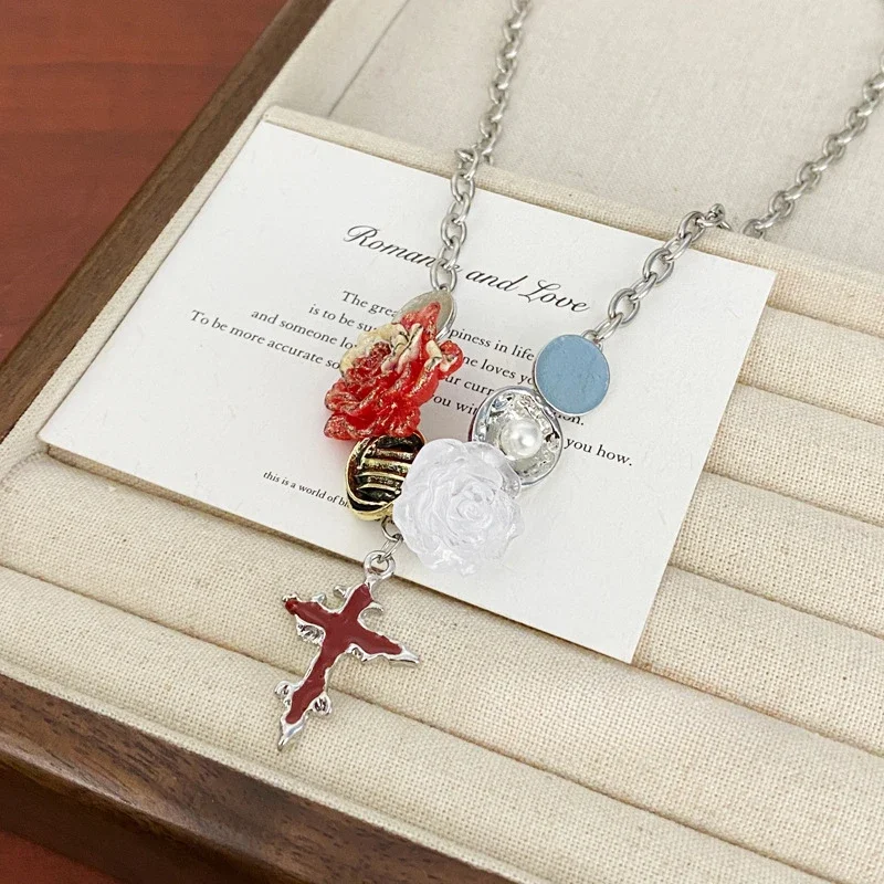 2025 Edgy Choker Button Closure Gothic Rose Cross Pendant Alloy Collar Chain Adjustable 14-16