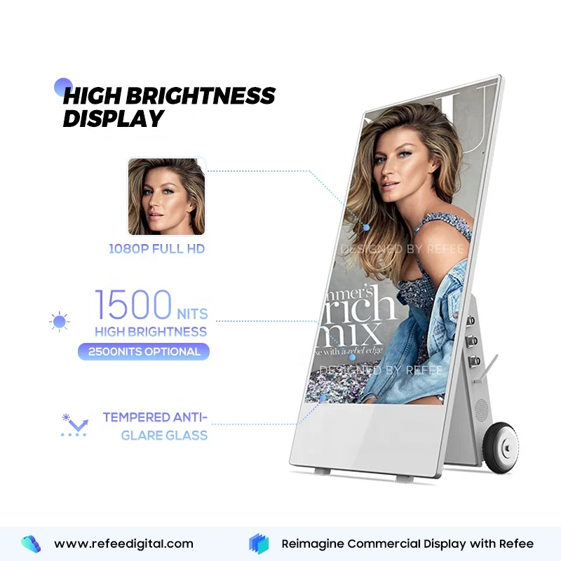 Batterijaangedreven voeding LCD-poster 43-inch draagbaar digitaal reclamebord reclamescherm met beweegbare wielen