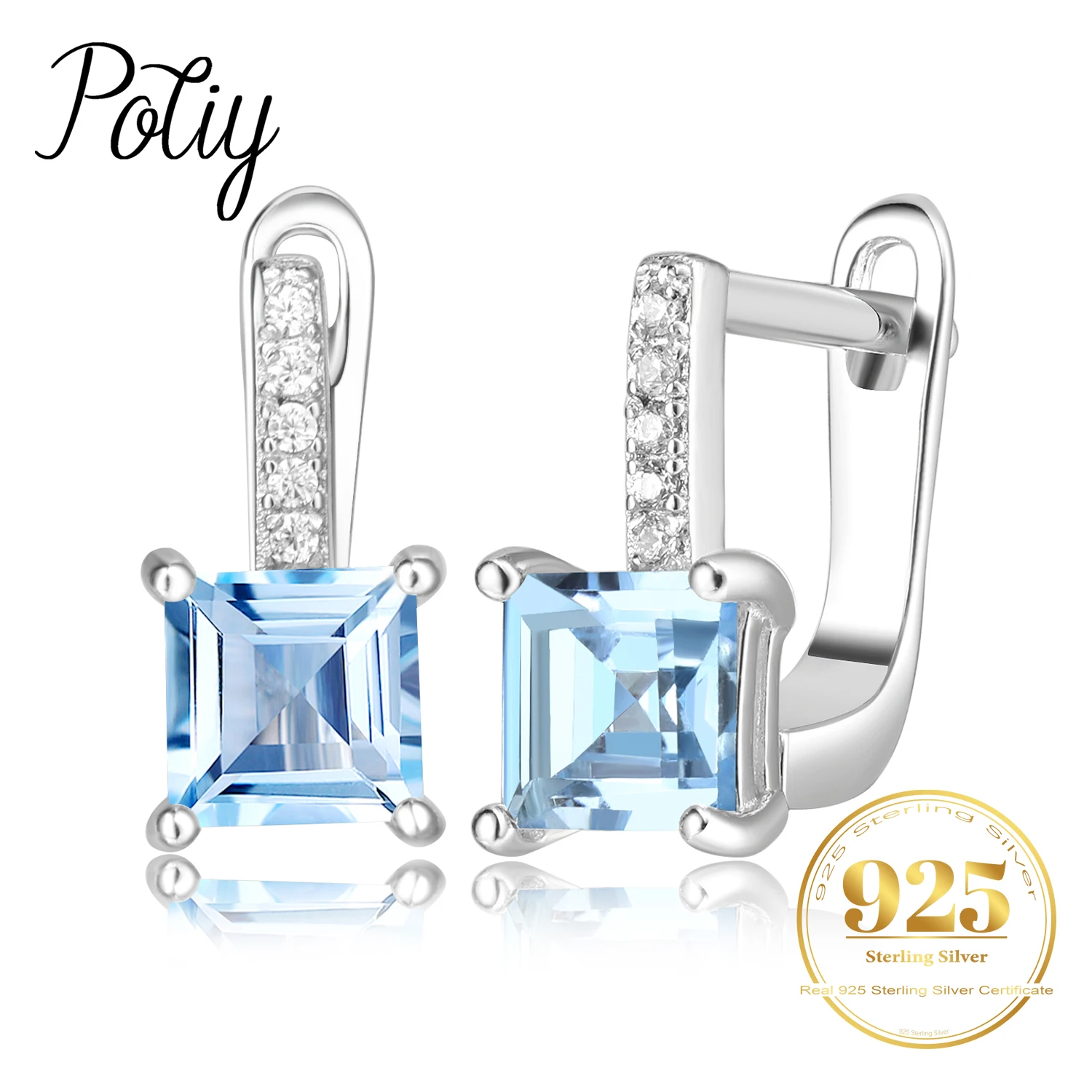 Potiy Square Natural Sky Blue Topaz Hoop Earrings 925 Sterling Silver for Women Daily Wedding Party Jewelry