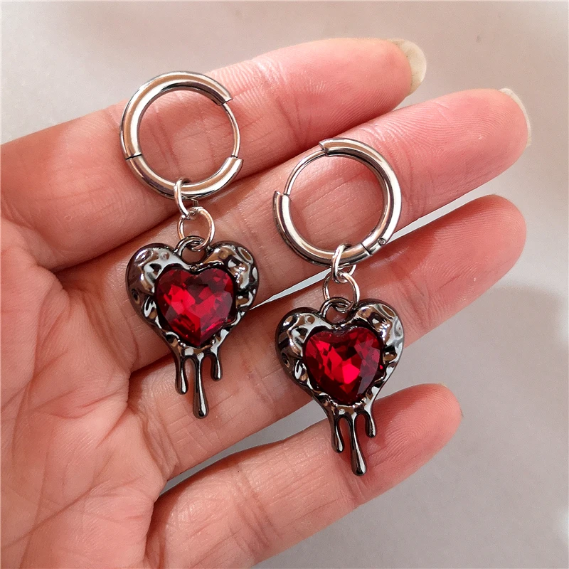 Gothic Vintage Aesthetic Y2k Red Heart Pendant Dangle Earrings For Women Stainless Steel Jewelry EMO Grunge Rave Accessories