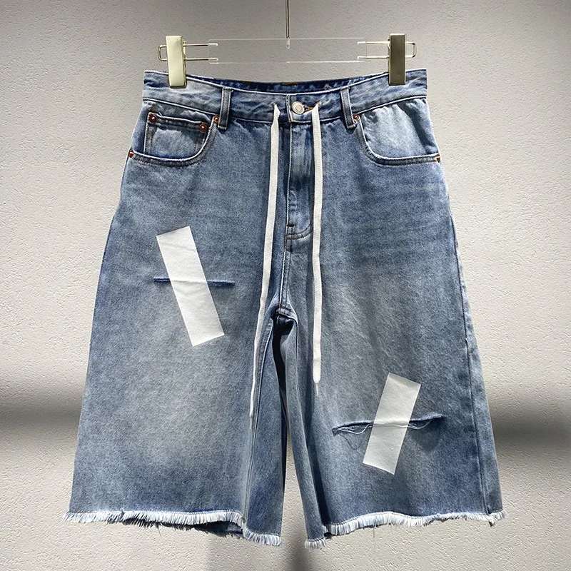 

Лето 2025 г., новый стиль, ограниченная серия, синие джинсовые брюки с дырками — универсальные прямые женские брюки