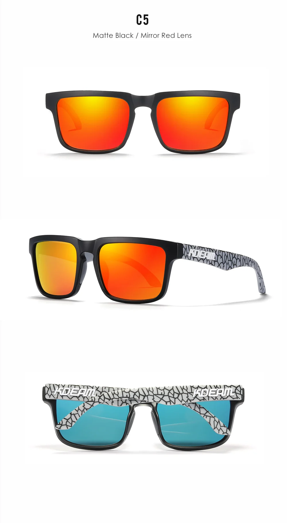 Neue hochwertige quadratische Sonnenbrille für Herren der Marke KDEAM, farbige Sport-Polarisations-Sonnenbrille mit reflektierender Beschichtung und verspiegelten Gläsern – Detail 16