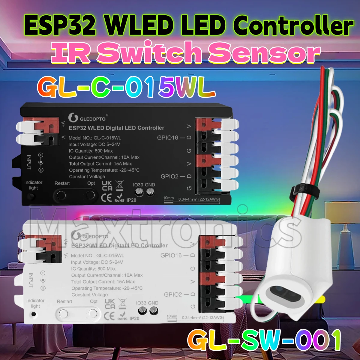 GL-C-015WL ESP32 WLED LED Controller IR Switch Sensor GL-SW-001 RGBIC LED Strip Light Gesture-Aware Trigger WS2811 SK6812 Strip