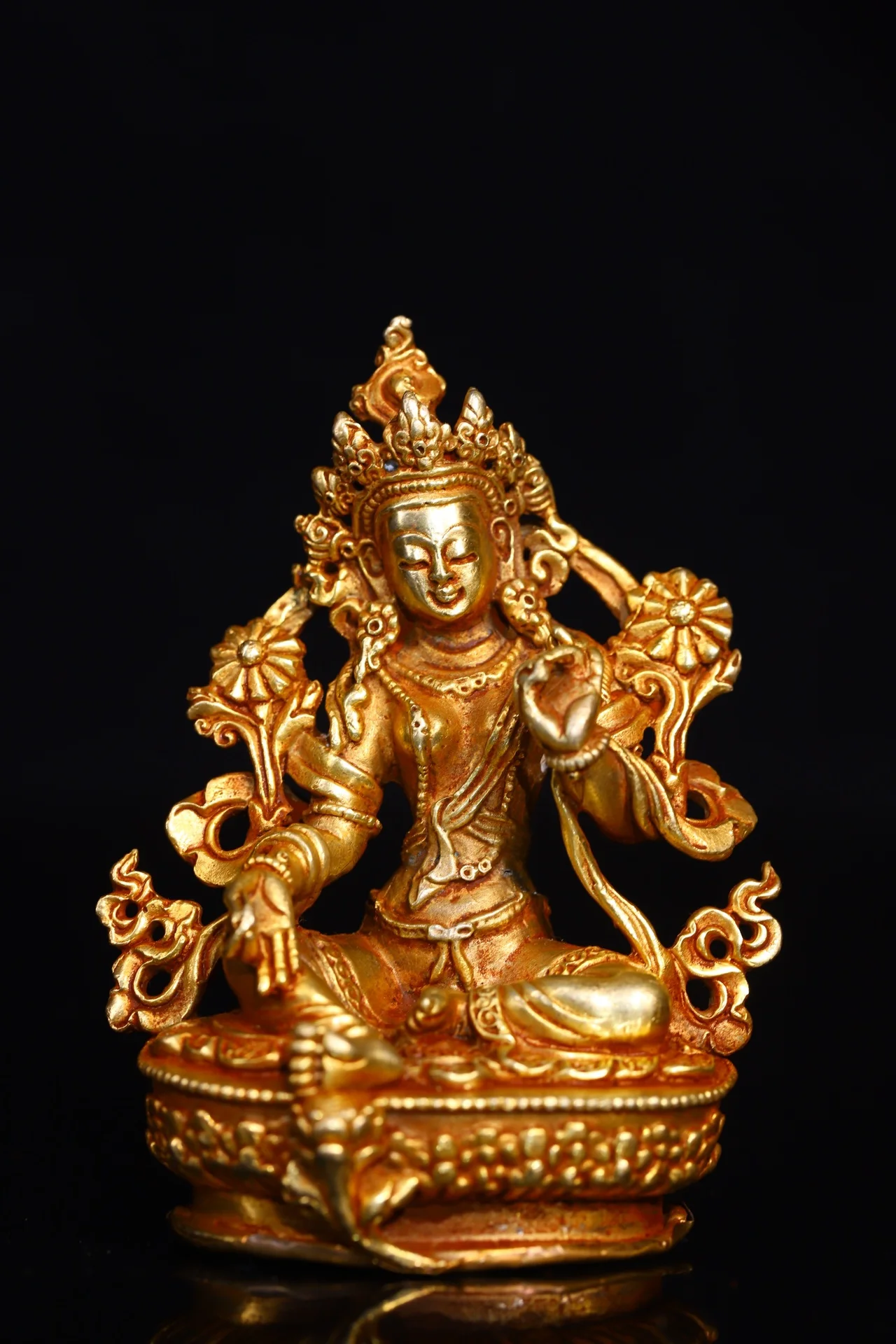 

4"Tibetan Temple Collection Old Purple Bronze Gilded Green Tara Sitting Buddha lotus platform Worship Hall Town house