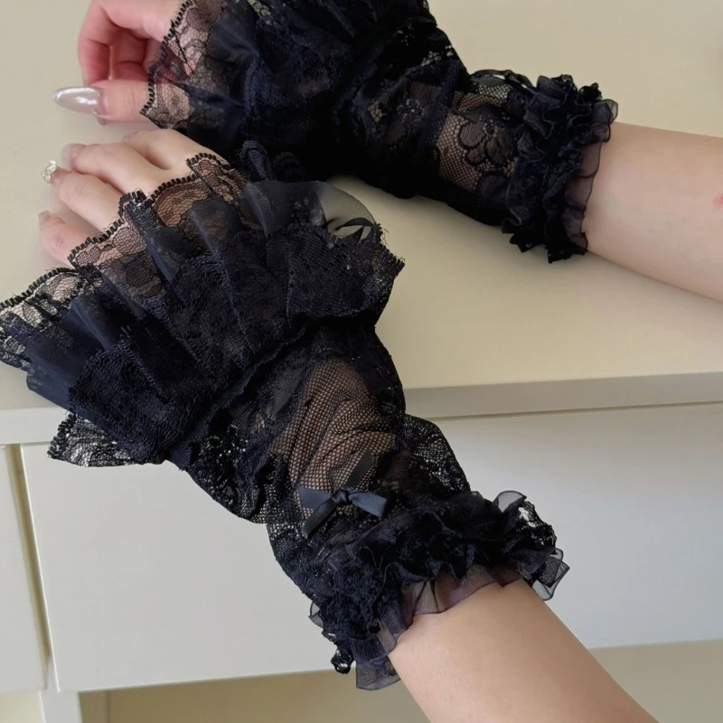 E21F Stylish Rhinestones Lace Gloves Elastic Nylon Arm Cover With Floral Edges Outdoor Accessory Multiple Colors