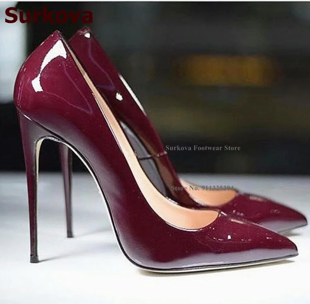 Surkova 12Cm Sepatu Pernikahan Kulit Paten Merah Muda Panas Pump Gaun Potongan Dangkal Hak Tinggi Ukuran Ujung Lancip 45 Hak Pesta 10Cm 8Cm