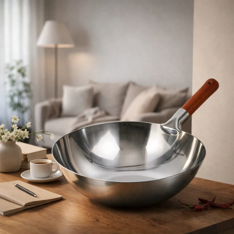 Wok de Acero Inoxidable con Mango de Madera, Sartén Antiadherente Compatible con Estufas de Gas, Utensilio de Cocina para Chefs de Restaurantes