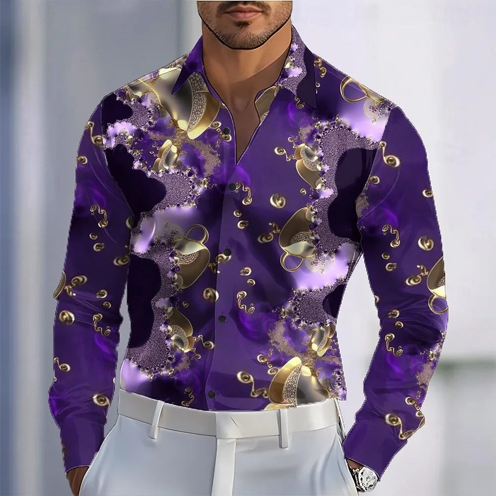 New Purple Gold Fluid Light Luxury 3D Printed Men's Long Sleeve Shirt with Collar Business Shirt Clothing