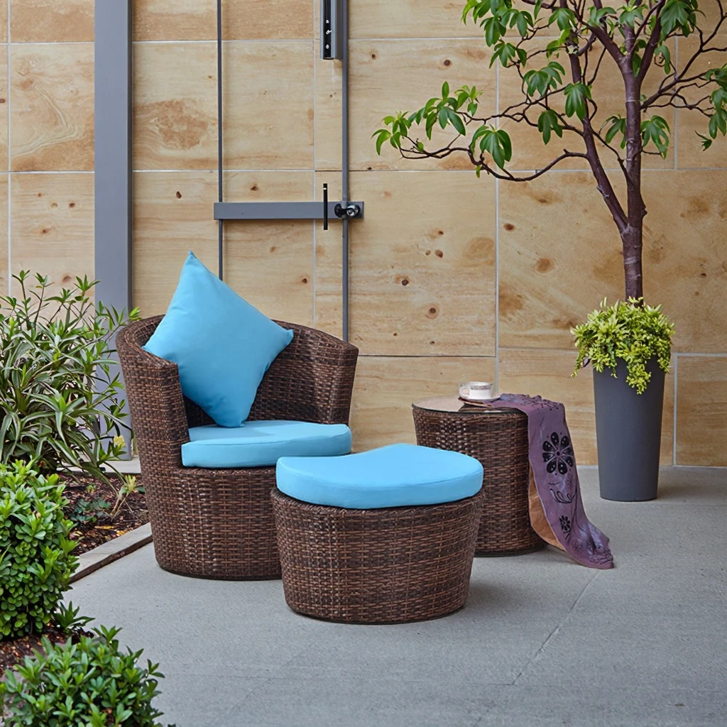 Portable Patio Balcony Small Rattan Wicker Sofa Set with Side Table Stools for Garden Park Kitchen Bedroom School Leisure Use