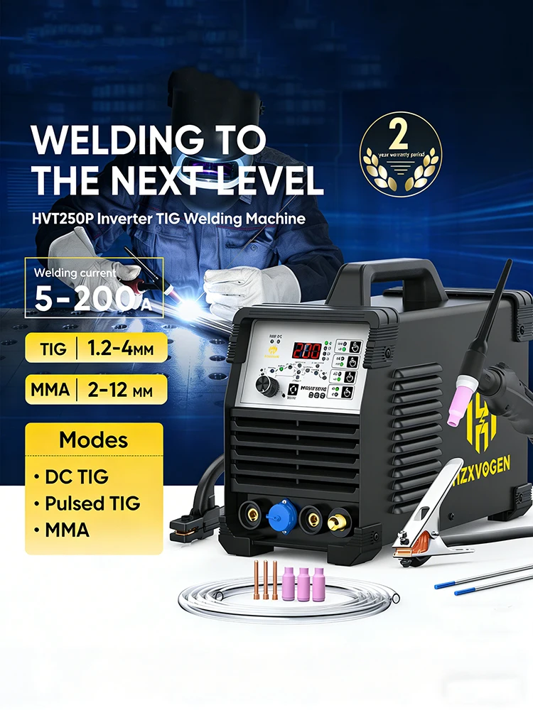 HZXVOGEN 200 Ampere HVT250P AC/DC Aluminium TIG-Schweißgerät 220V 6-in-1 Stick MMA ARC Argon Präzises digitales Puls-HF-TIG-Schweißgerät für Edelstahl und Aluminium