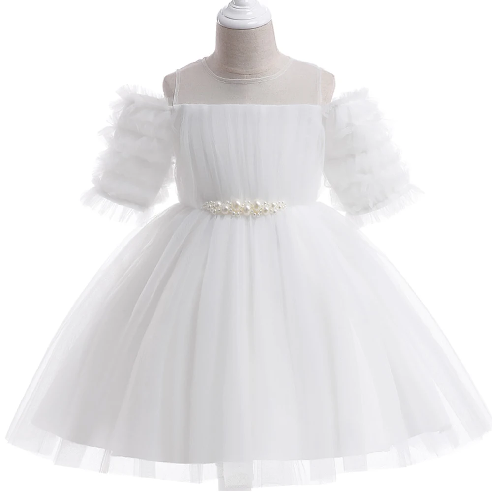 Fluffy Pearl Girls Dress Elegant White Wedding Bridemaid Princess Kids Party Dresses For Girl Birthday Short Sleeve Gown Costume