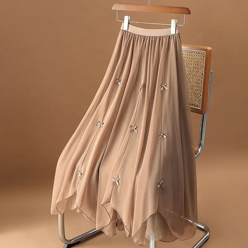 High End Bow Irregular Mesh Half Length Skirt for Women Spring/Summer New Mid Length Draping and Age Reducing A-line Yarn Skirt