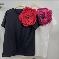 Spring Summer 2024 Short Sleeve T-shirt Women Flower Attached Three-dimensional Diamonds Cotton Top For Women Black White 42928