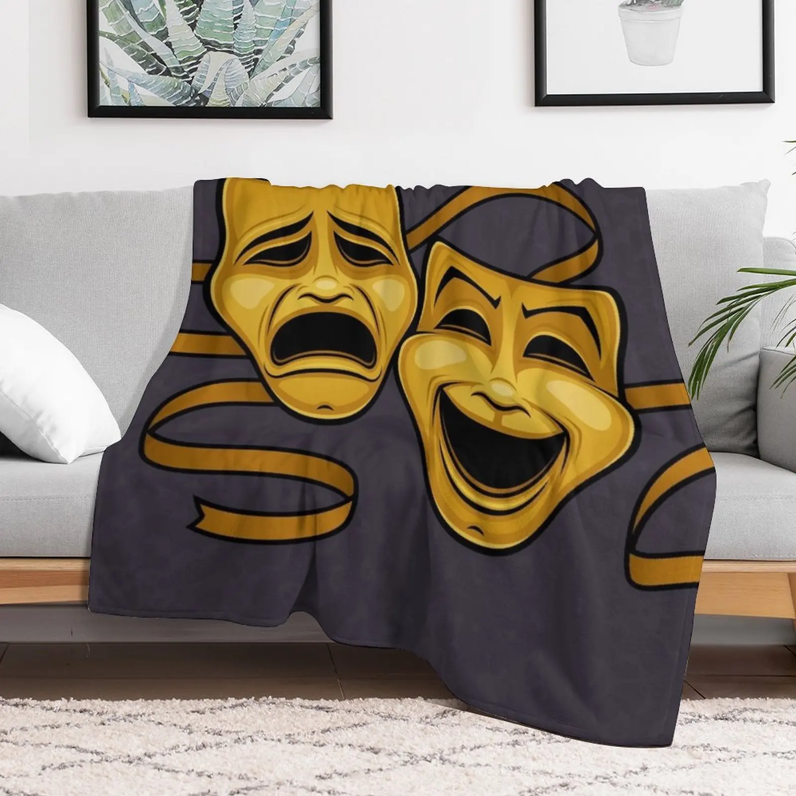 Gold Comedy And Tragedy Theater Masks Throw Blanket