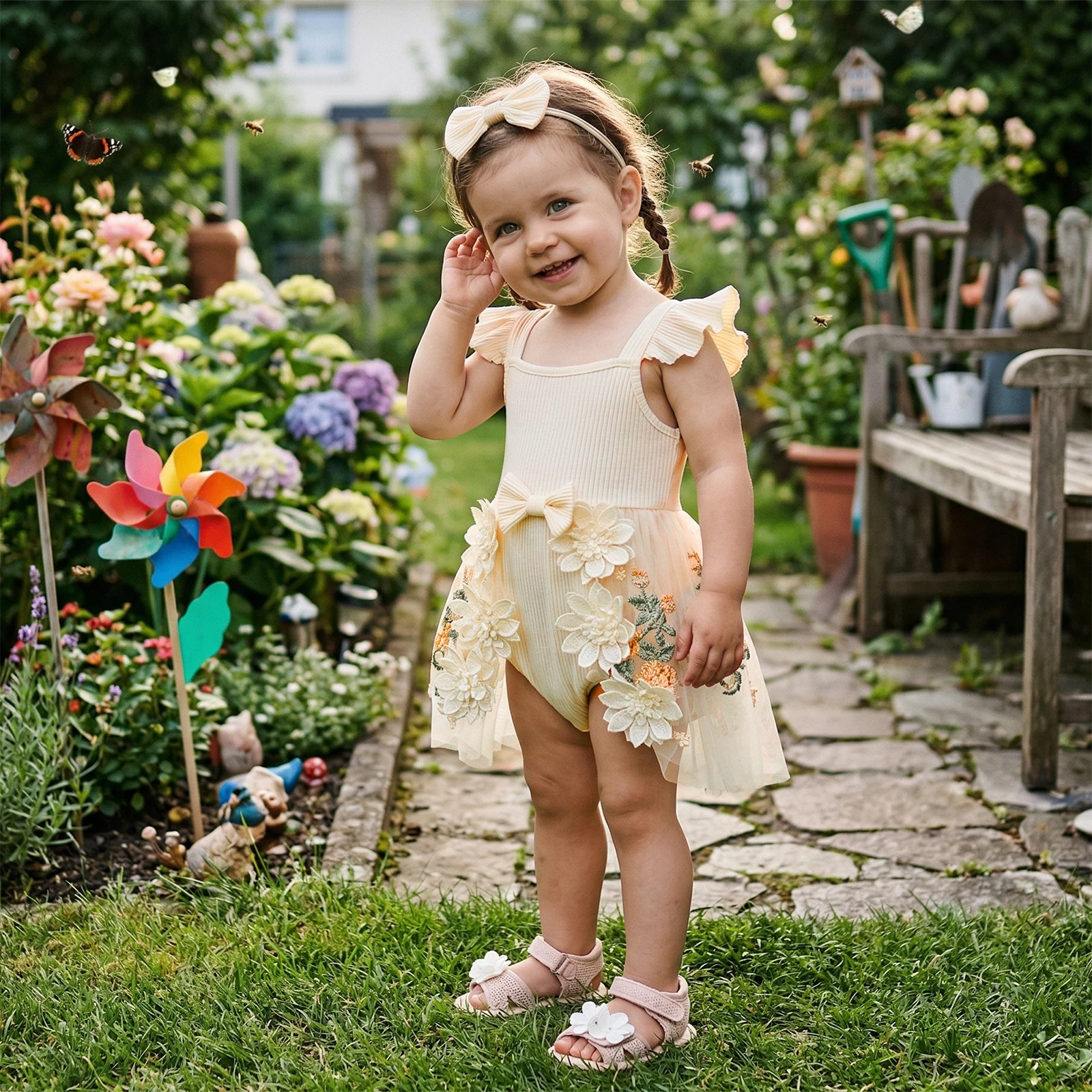 Baby Girls Summer Mesh Lace Romper Dress Flying Sleeve Floral Embroidery Tulle Patchwork Bodysuit with Headband