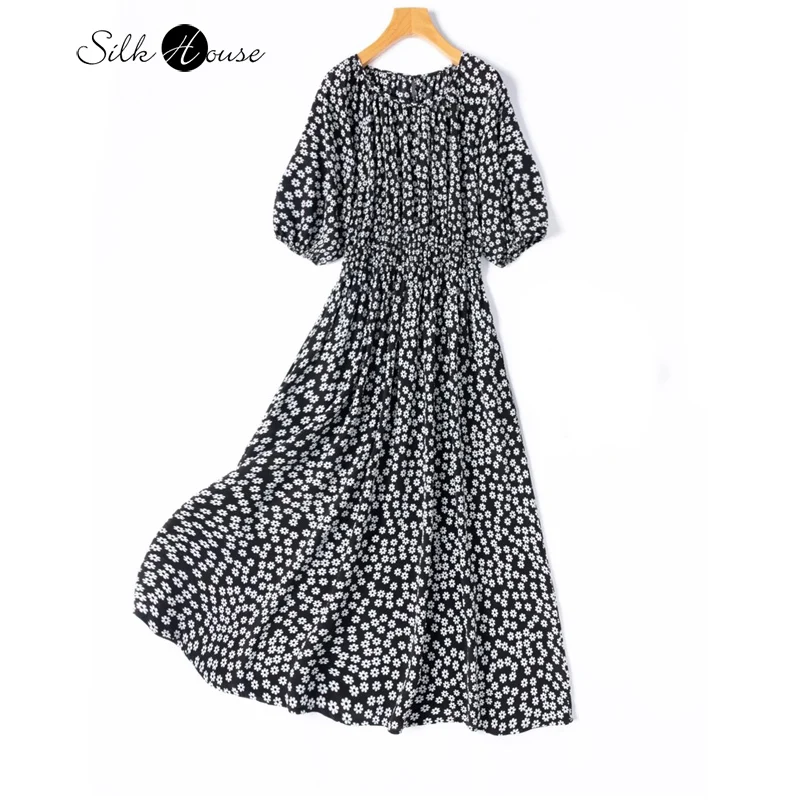 

Artistic Black and White Floral 100% Natural Mulberry Silk Crepe De Chine Round Neck Lantern Sleeve Elastic Waist Women's Dress