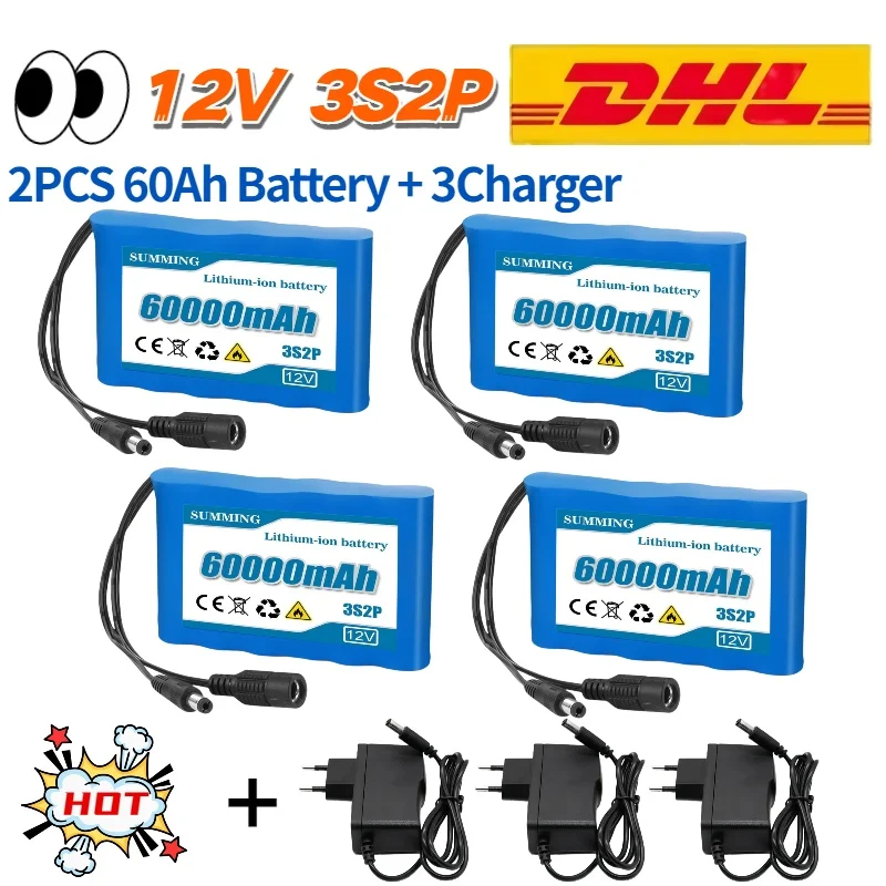 

12V 60000mahNew Portable 3S2P 18650⚡Rechargeable Li-Ion lithium battery12v For LED Lamp Light Backup PoweEtc+ Charger