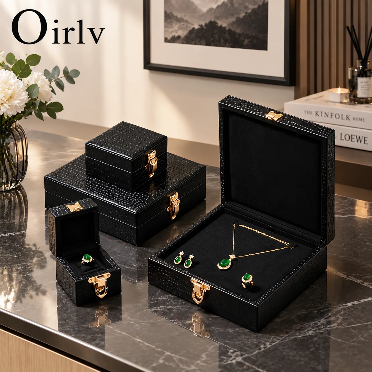 Oirlv Black Leather Jewelry Box Ring Earring Bracelet Necklace Jewelry Gift Box Velvet Lining Multi-size Storage Case